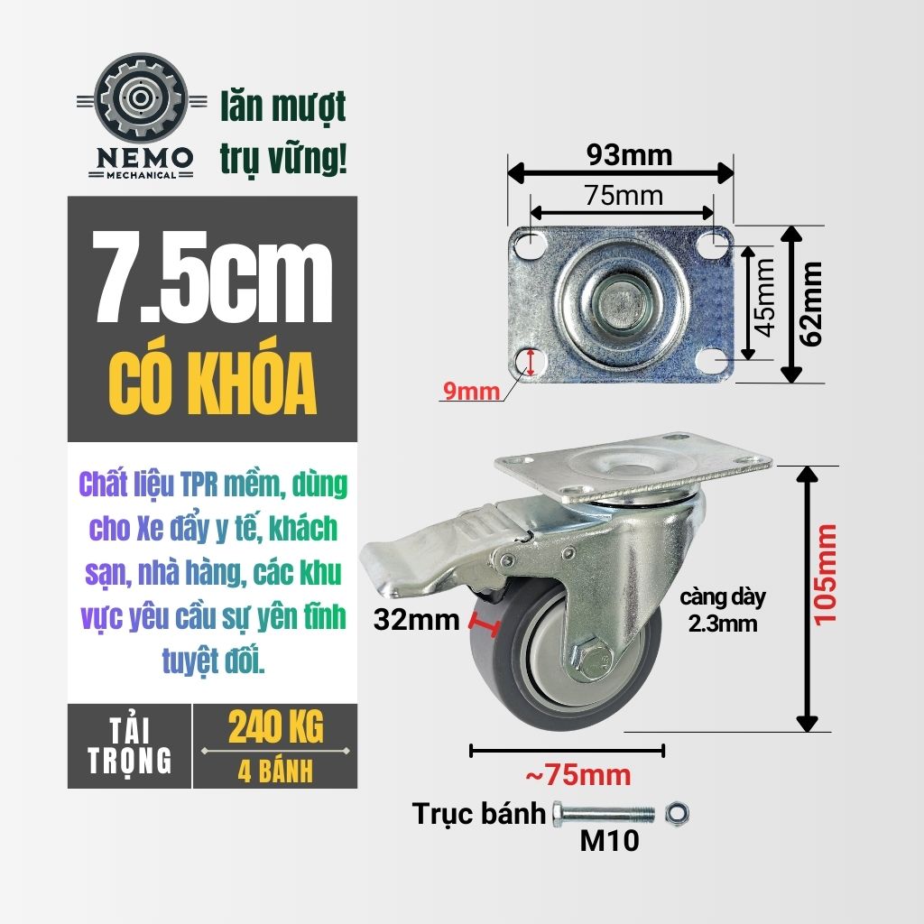 Bánh Xe Cao Su TPR Xám – Giảm Ồn, Bảo Vệ Sàn Tuyệt Đối (D75, D100, D125)